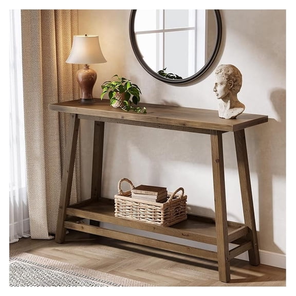 41.3" Farmhouse Console Table, Solid Wood Entryway Table with Storage Shelf, 2 Tiers of Narrow Behind Couch Sofa Furniture for Living Room, Hallway, Foyer, Easy Assembly, Brown