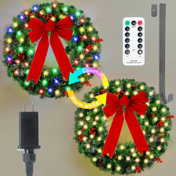 24 Inch Smart Pre-Lit Wreath with Remote, Dual-Color Flocked Pine & 8 Light Modes for Indoor/Outdoor Holiday Door Decor