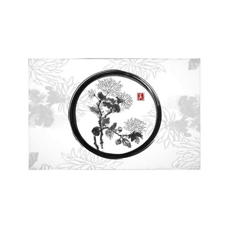 

MKHERT Chrysanthemum Flowers in Enso Zen Circle Oriental Ink Painting Placemats Table Mats for Dining Room Kitchen Table Decoration 12x18 inch Set of 4