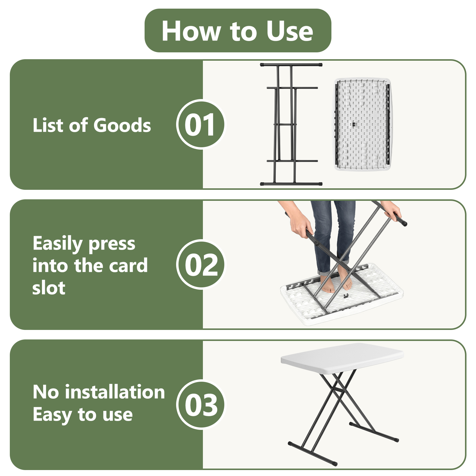 Wasuhe 30" Folding Table with Height Adjustment, White photo 8