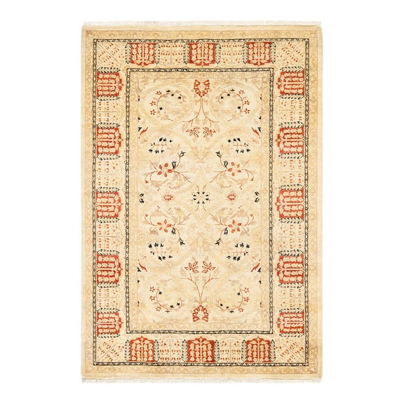 One of a Kind Hand Made Mogul Floral Wool Area Rug Ivory 4 X 6