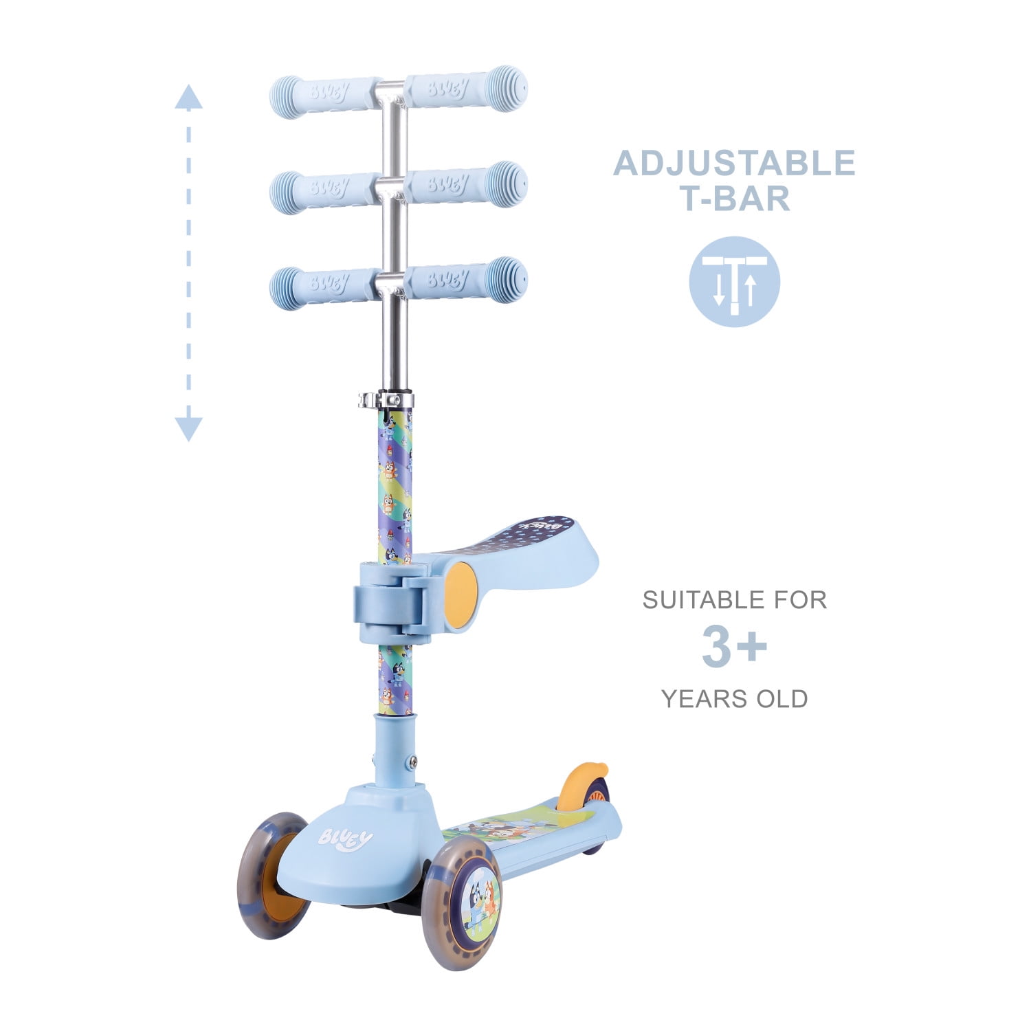 Bluey Ride-N-Glide Buddies Toddler 3 Wheel Kick and Sit Scooter, for Kids Ages 3+, Bluey
