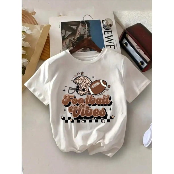 Rugby T-shirt - Girls' Football Vibes Graphic Tee - Leopard Print & Football Helmet Design Short Sleeve Shirt, Soft Breathable Fabric, Machine Washable Crew Neck Casual Top For Toddlers & Kid