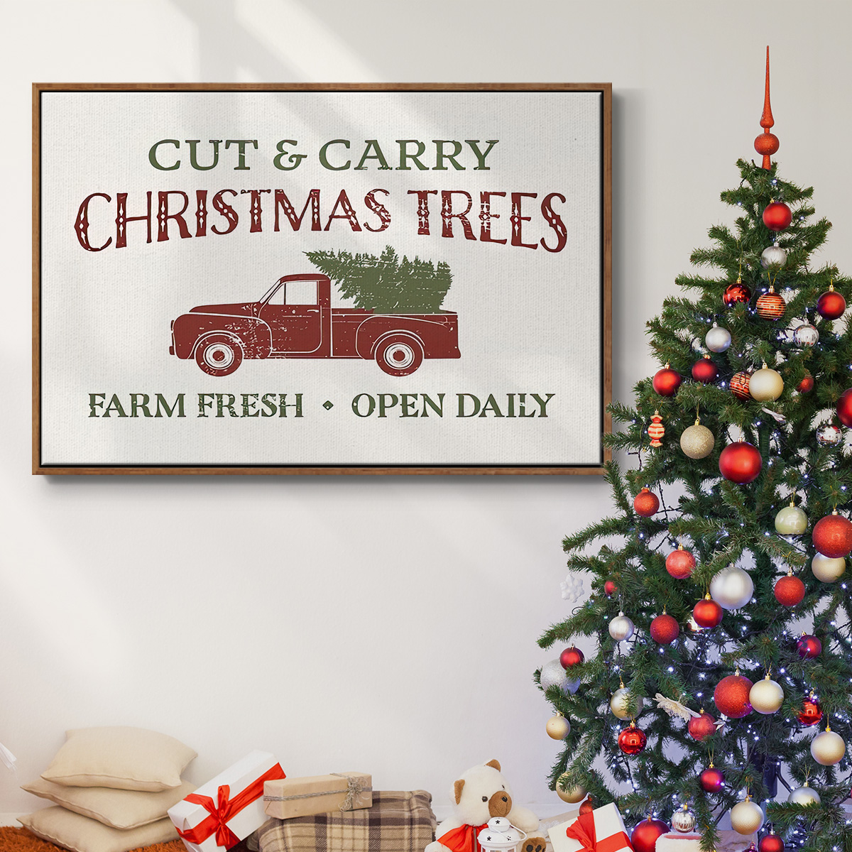 Christmas Farm Sign II - Framed Gallery Wrapped Holiday Canvas - 17 x 25 - Rosewood Frame