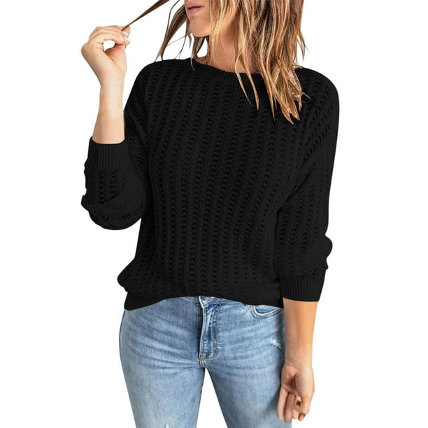 Gibobby Suéteres mujer, Suéter suelto de lana de cachemira con cuello redondo para mujer, de manga corta, para verano, otoño, color liso, casual(Negro,M)