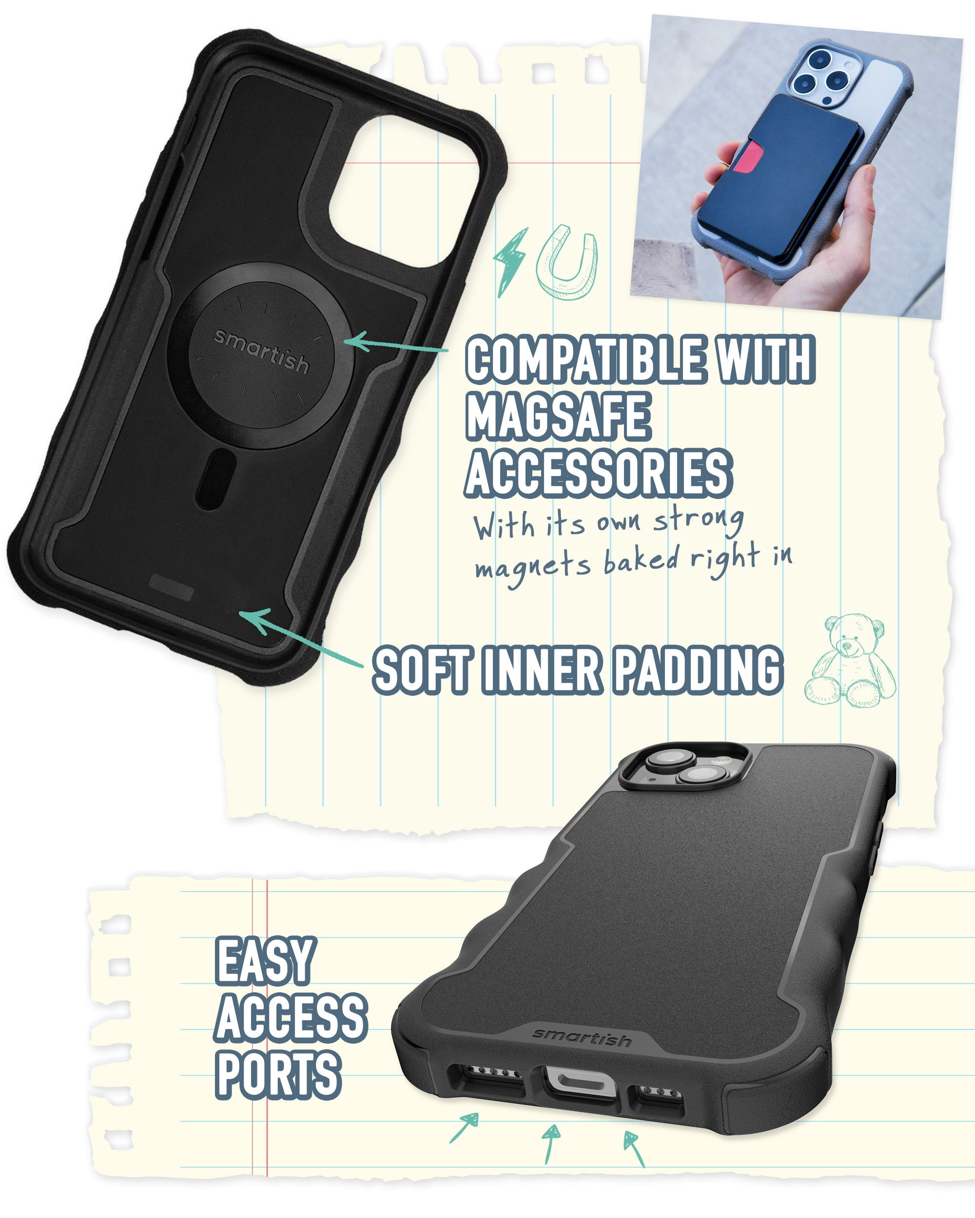 Smartish iPhone 15 Protective Case - Gripzilla Compatible with MagSafe [Rugged + Tough] Heavy Duty Armored Slim Cover with Drop Protection - Black Tie Affair