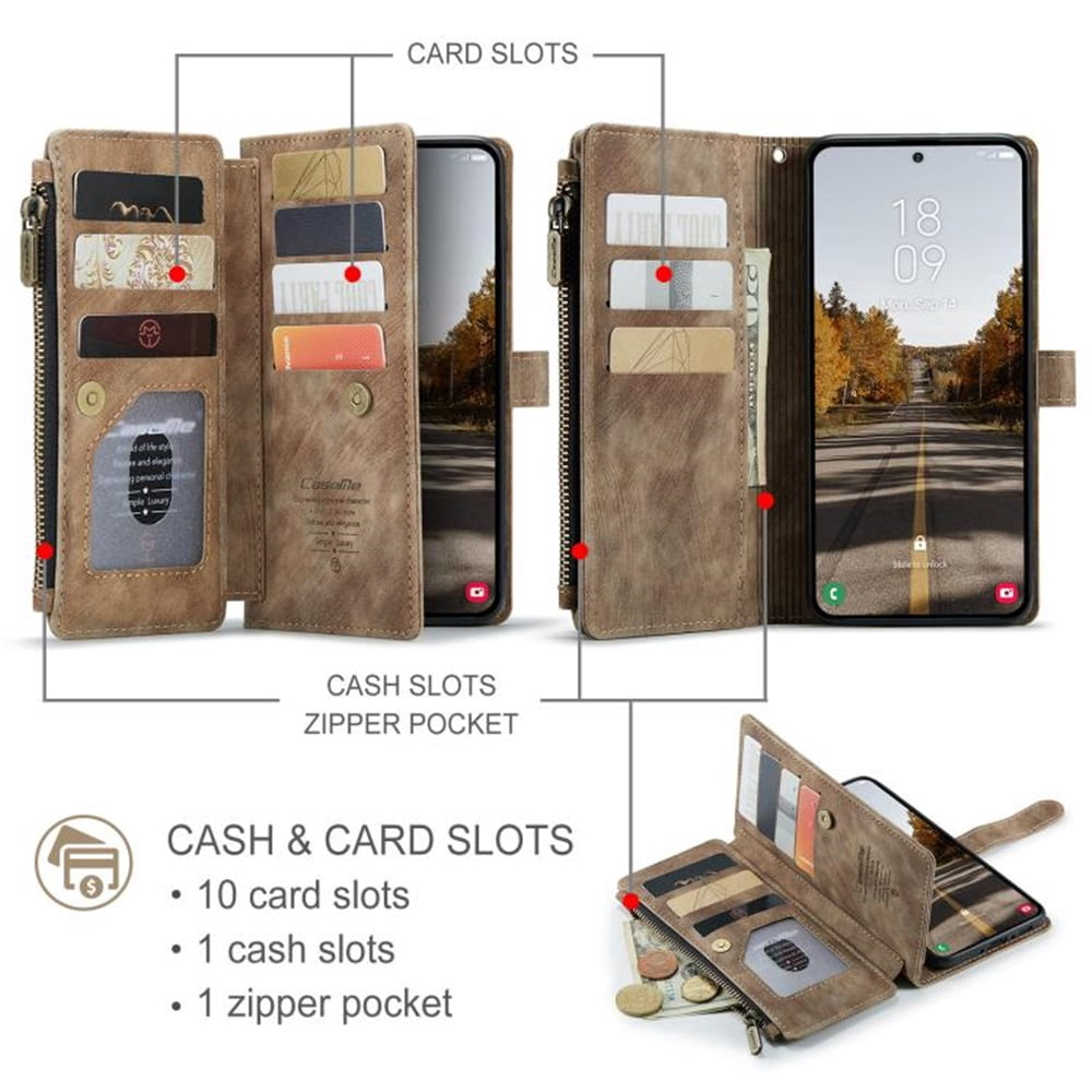 CaseMe Case for Samsung Galaxy A37 5G Wallet Case for Women Men, Fashion Durable PU Leather Magnetic Flip Lanyard Strap Wristlet 10-Card Holder Zipper Wallet Phone Case,Brown,For Galaxy A37 5G