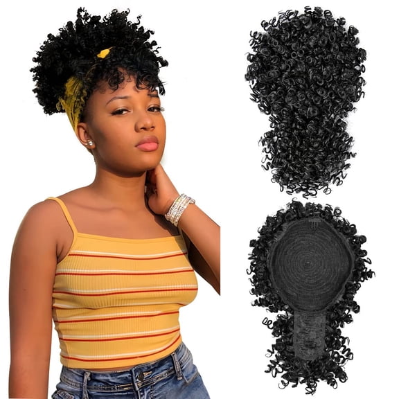 Afro Puff Drawstring Ponytail Bun with Bangs Black Kinky Curly Updo Hairpieces for Black Women Natural Black 1B