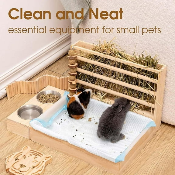 3 in 1 Wooden  Feeder with Litter Box for Rabbits, Guinea Pigs, Hamsters and Ferrets