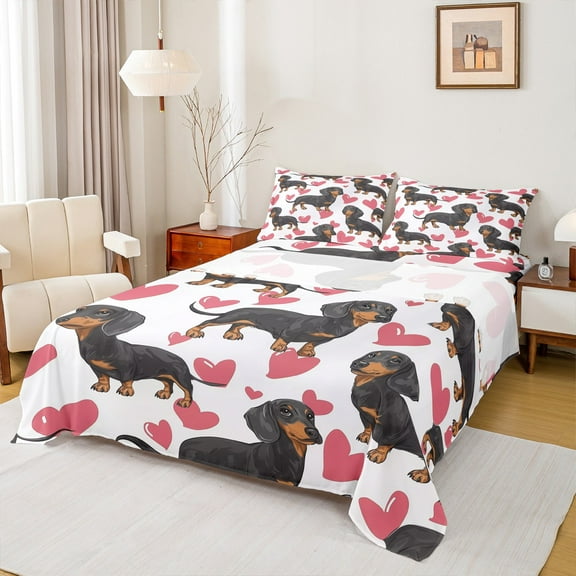 Manfei Cute Dachshund Twin Sheet Sets,Pet Animal Twin Fitted Sheet,Pink Hearts Print Flat Sheet For Girls Boys,Breathable Home Decor,3pcs