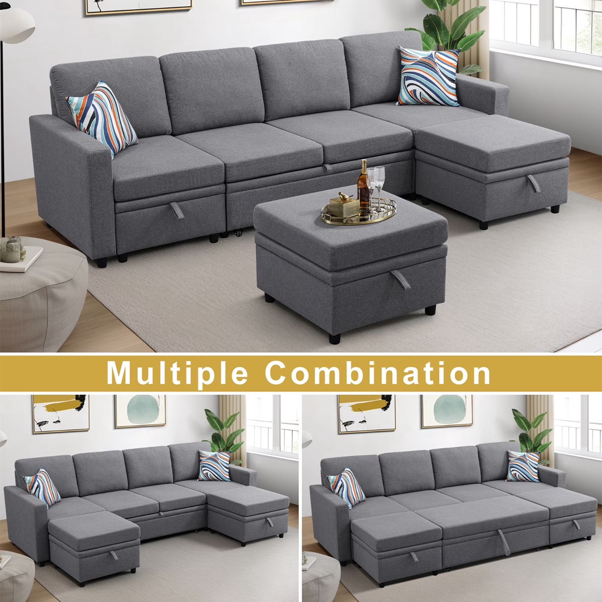 Aukfa 100" U-Shape Convertible Sectional Sleeper Sofa Bed for Living Room, 2 Storage Ottoman&Pillows, 6 Seat Modular Sofa, Linen, Gray
