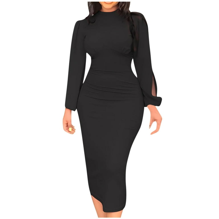 HAPIMO Women's Tea Length Bodycon Dress Solid Color Clearance Spring Long  Sleeve High Neck Trendy Elegant Cocktail Party Split Black M - Walmart.com