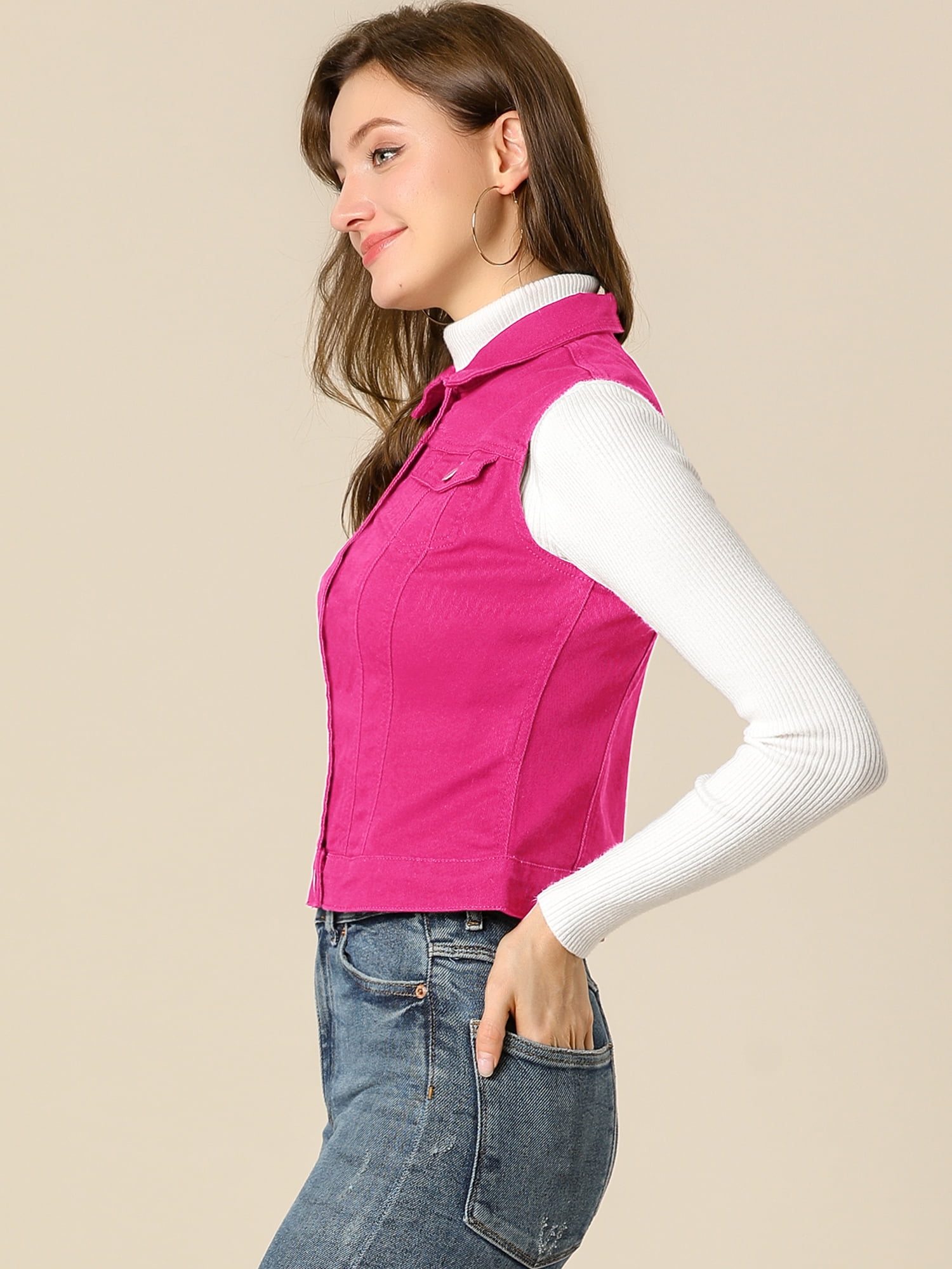 DARING DIVA Women's Denim Sleeveless Flap Pockets Vest Jacket 2XL Fuchsia