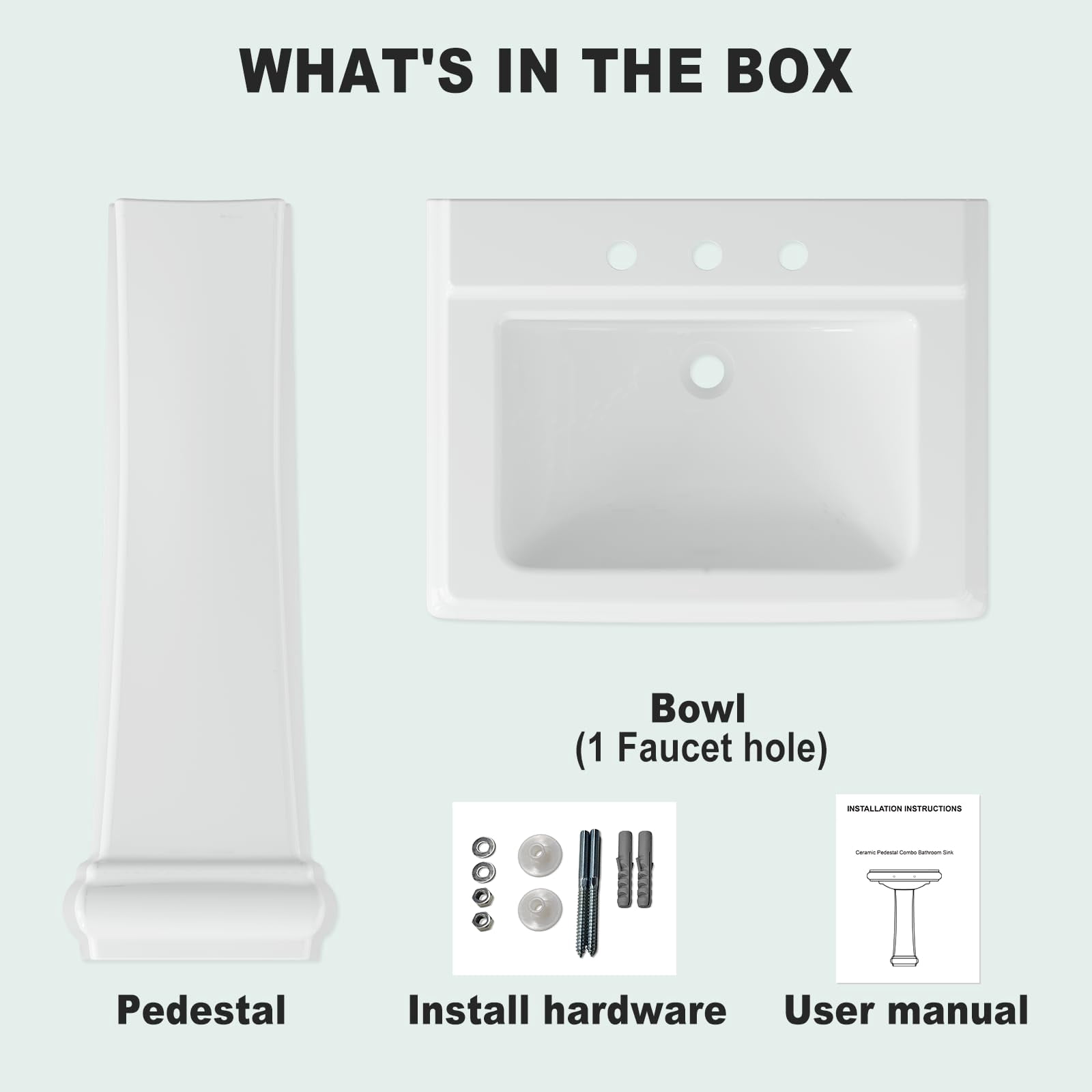 Pedestal Sinks, Ceramic Sink for Bathroom, Rectangular Shape, Space-Saving, Overflow & Single Faucet Hole