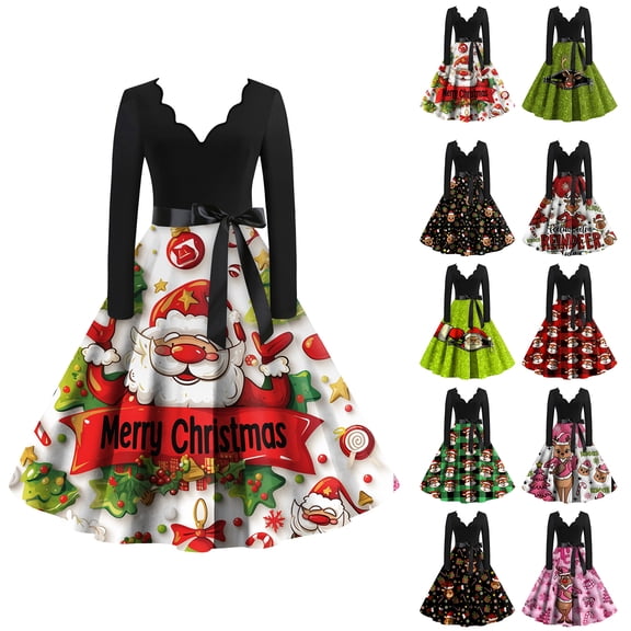 Women's Casual Dress Long Sleeve V-Neck Cute Printed Loose Fit Comfortable Midi Dress for Spring Fall Everyday,Army Green,L