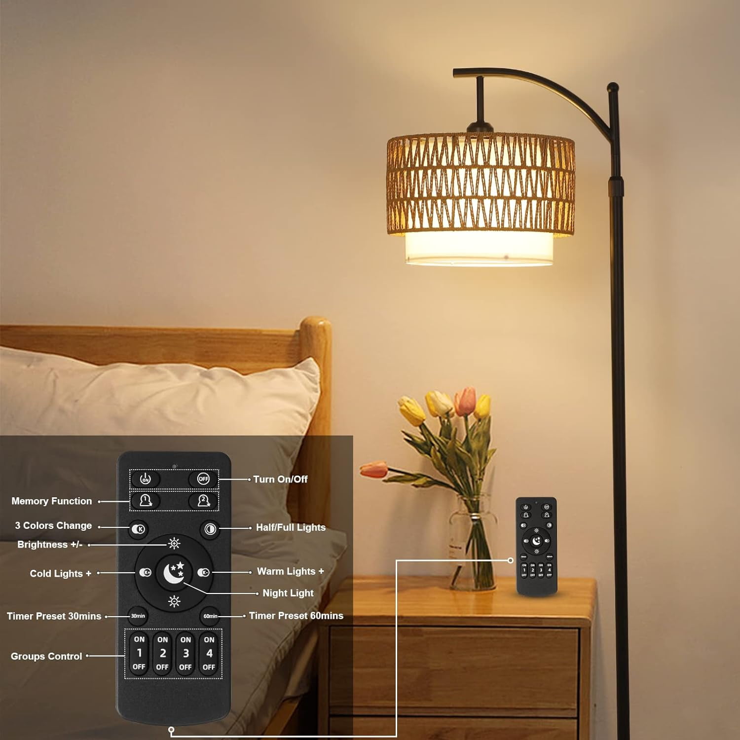 Arc Floor Lamp with Rattan and Fabric Shades, Dimmable, Remote Control, Adjustable Height