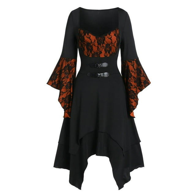 Vestidos Para Mujer Otoño Calavera Manga Larga Cuello Cuadrado Malla Empalme Irregular Fiesta Odeerbi ODB147525