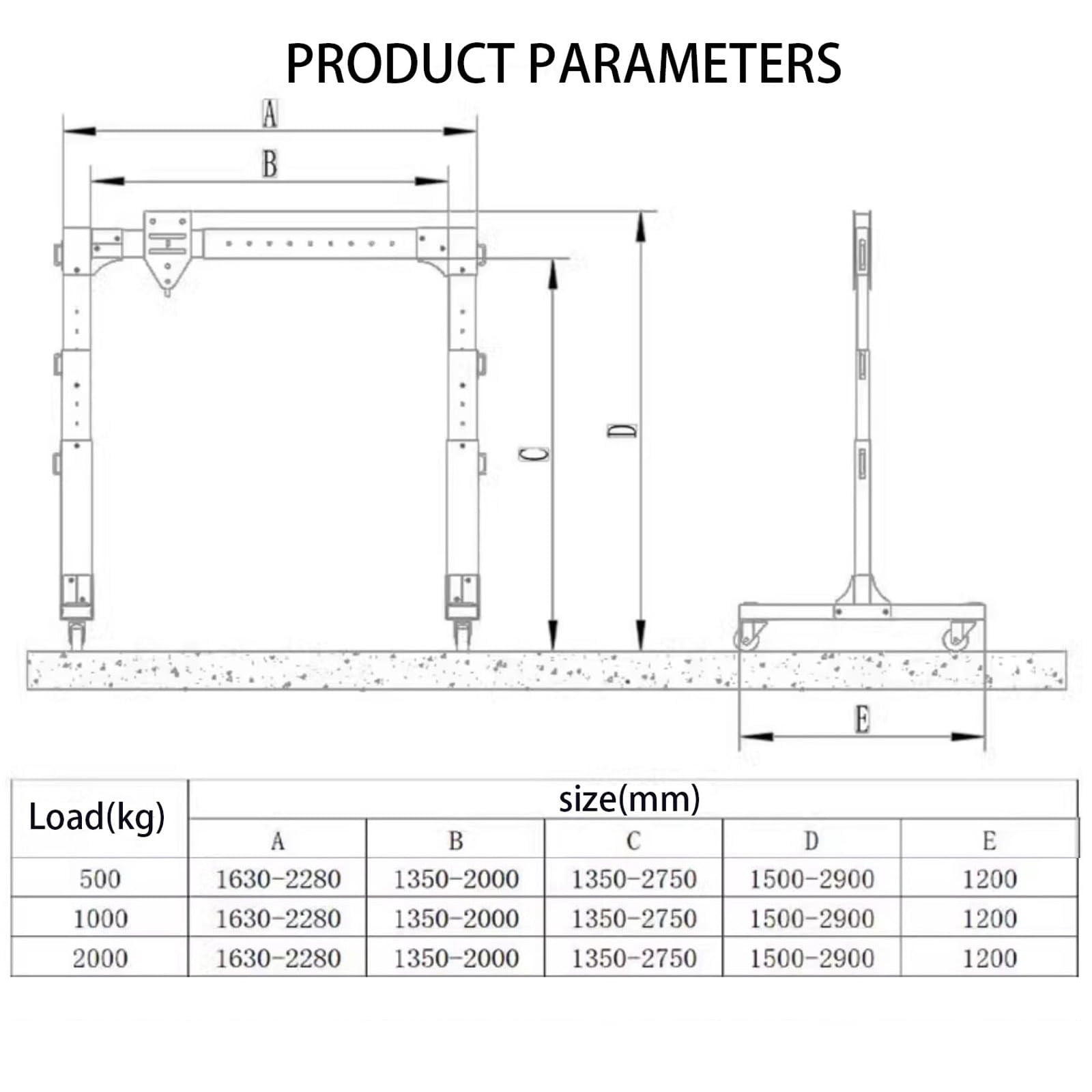 Portable Aluminum Gantry Crane, 1100 lbs Capacity Adjustable Shop Lift Hoist, 4.9-9.5 ft Height & 5.3-7.5 ft Beam Width, 2-Post Mobile Lifting System for Garage, Workshop, and Auto Repair