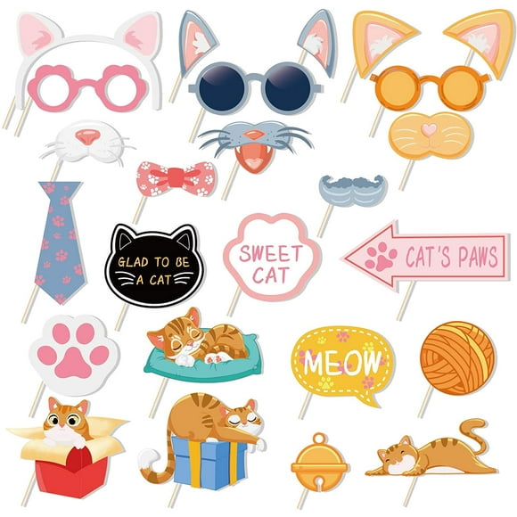 HTOOQ 25Pcs Cat Photo Booth Props with Stick, Kitty Theme Selfie Props, Meow Birthday Party Supplies, Photography Backdrop Decorations Cat Photo Booth Props -