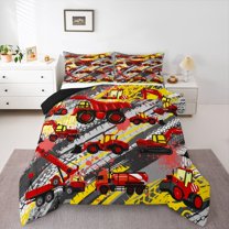 Homewish Kids Boys Red Truck 3 Pieces Queen Comforter Set,Cartoon Car Theme Ultra Soft Bedding Sets,Graffiti Splash Bedding Comforter Set,Lightweight Room Decor,Reversible