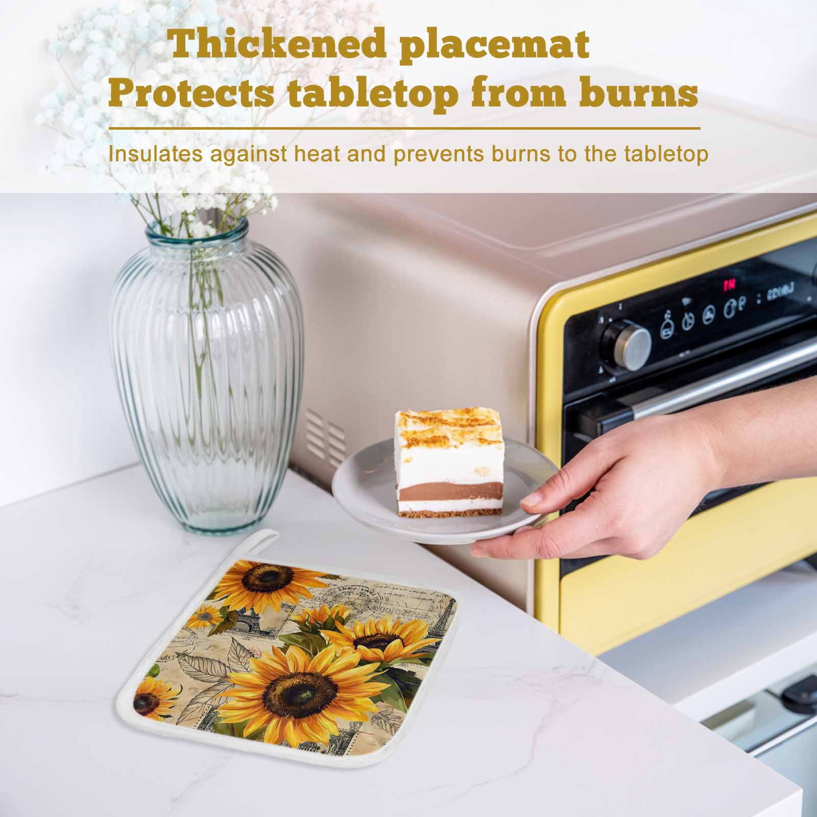 Yellow Sunflower Pot Holders for Kitchen Heatproof Potholder, 3 Pack Watercolor Retro Floral Plant Leaf Hot Pads Multipurpose Oven Pads Cloth Potholders Trivet for Cooking Baking