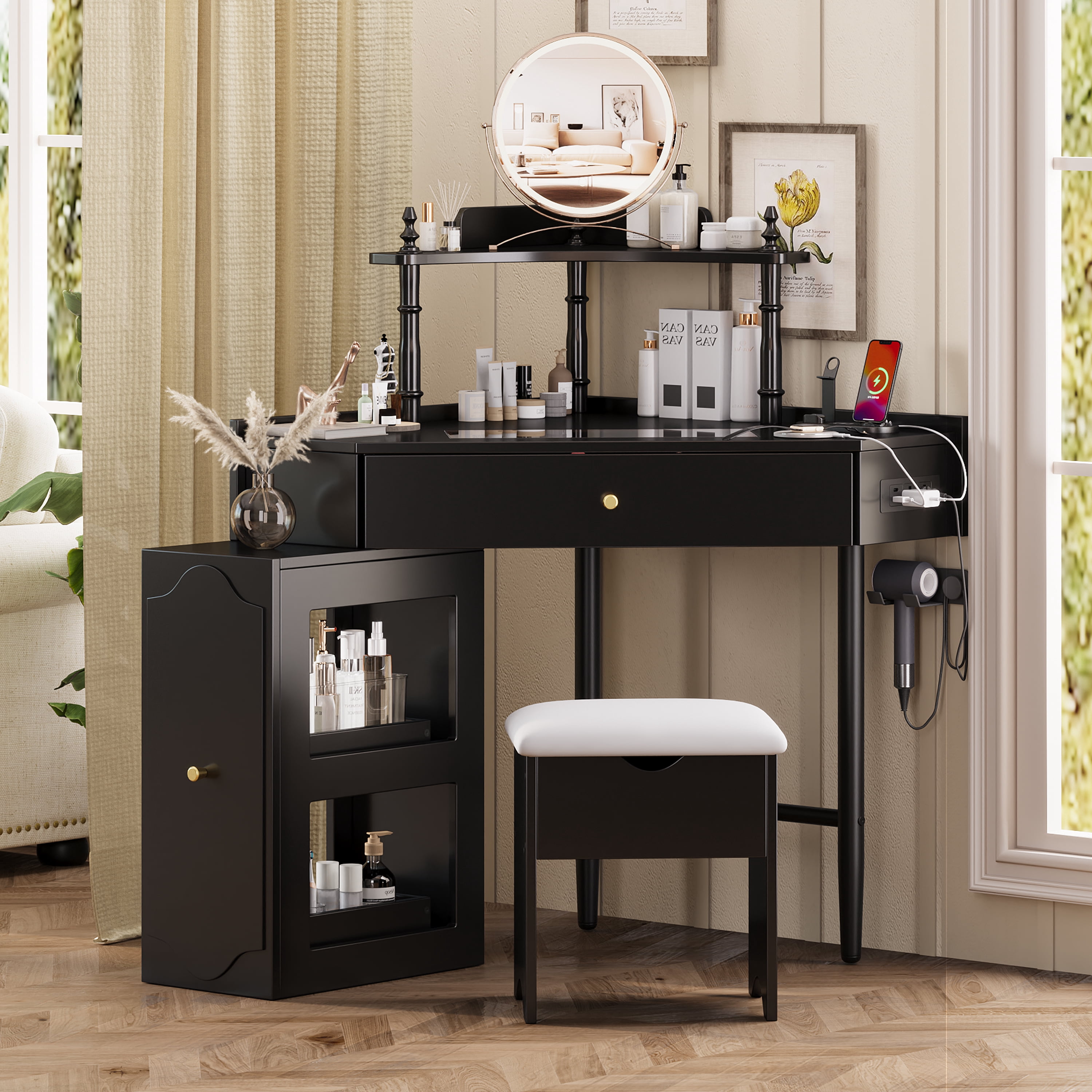 Euroco Corner Vanity Desk Set with Storage Cushioned Stool and Charging Station, Triangle Makeup Desk with Removable Pull-Out Side Cabinet, Glass Tabletop Makeup Vanity Desk,Black