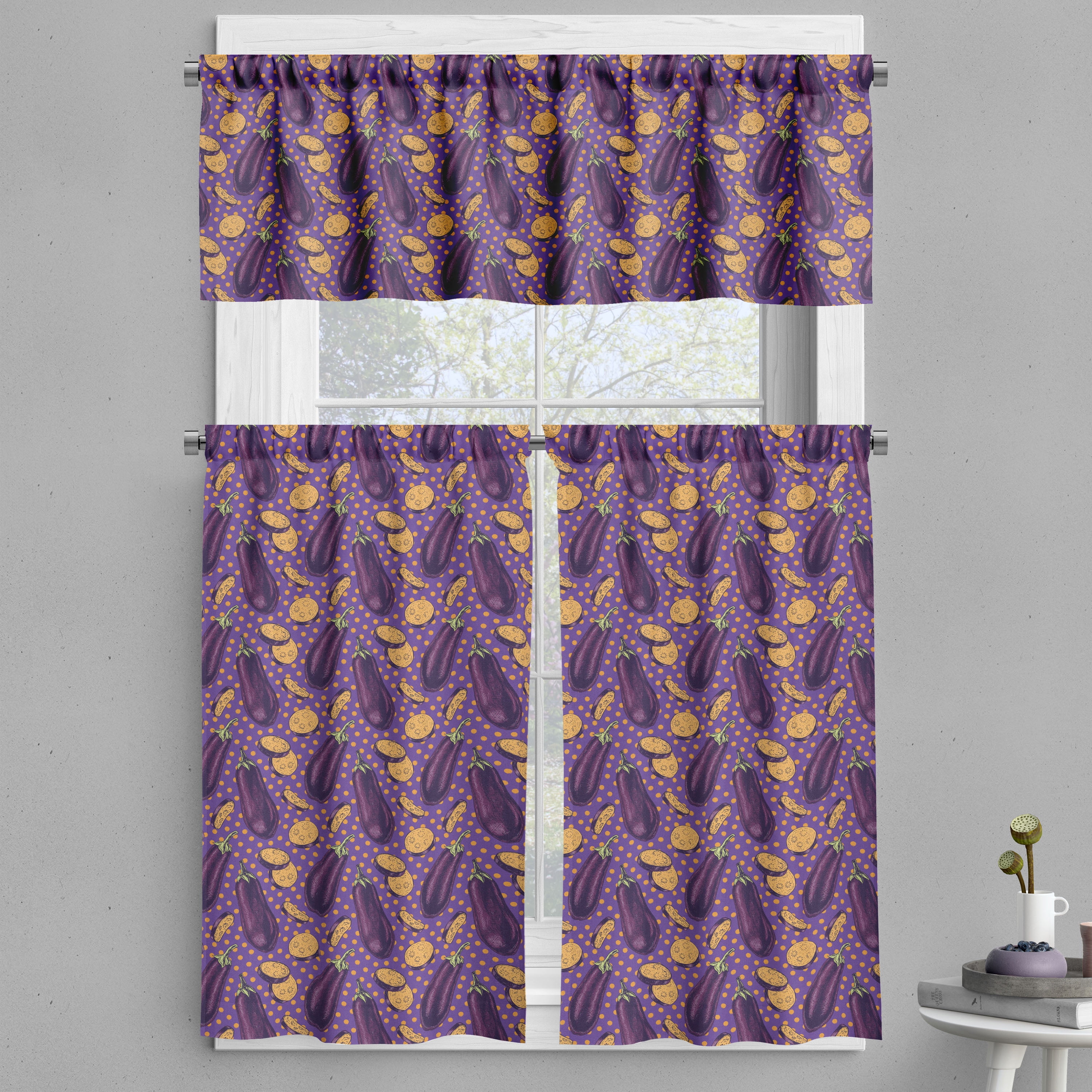 Eggplant Valance & Tier Curtain 3 pcs Set, Realistic Looking Eggplants