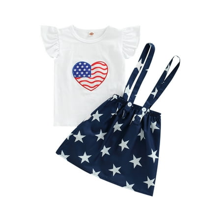

Zervatek Infant Kid Girls Independence Day Skirt Set Round Neck Flying Sleeve Flag T-Shirt Stars Strap Skirt 2Pcs Clothes Outfit