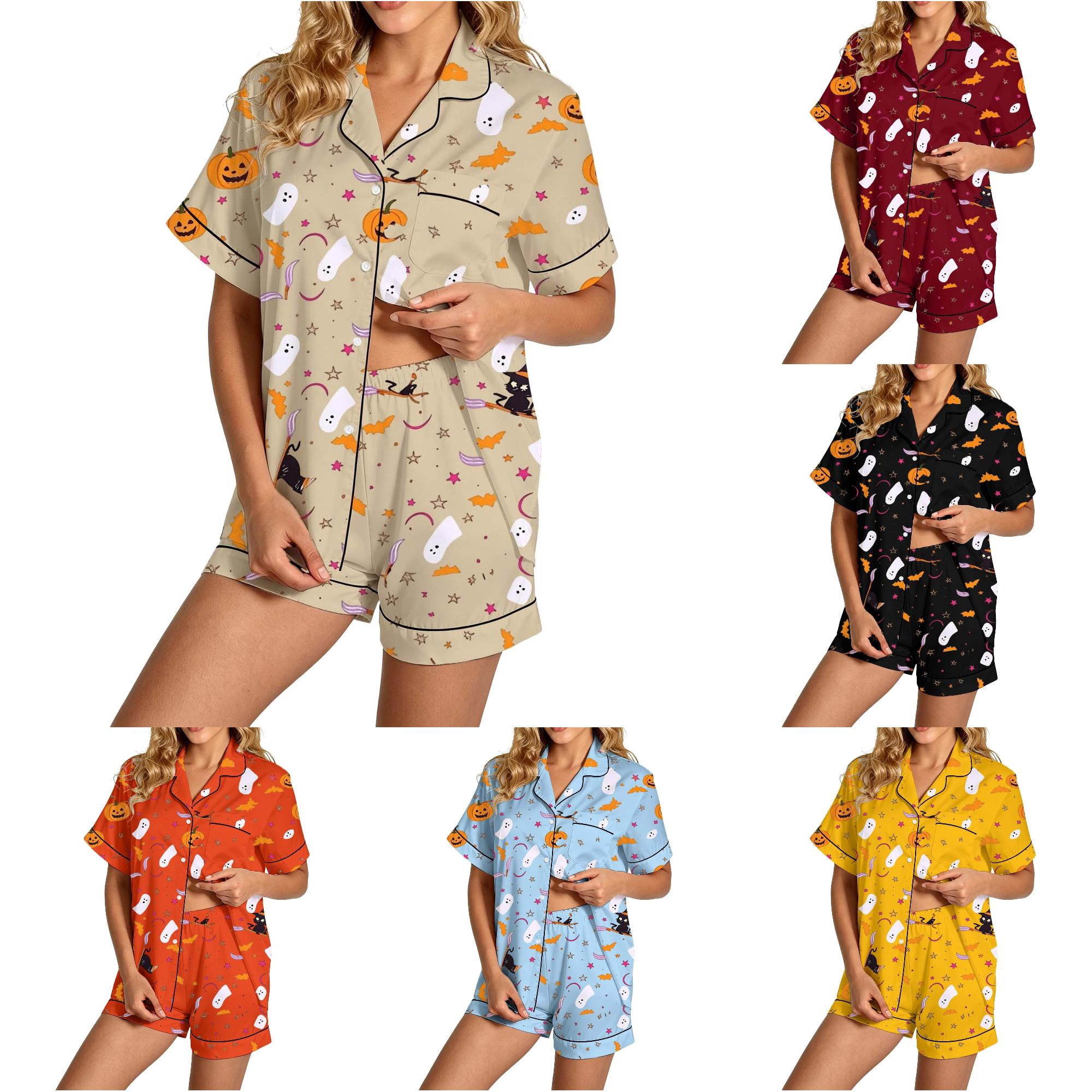 XIAOCHA Women s Loose Fit Nightwear Set Notch Collar Short Sleeve Witch Cat Pumpkin Print Halloween Pajama Set Sizes XXL