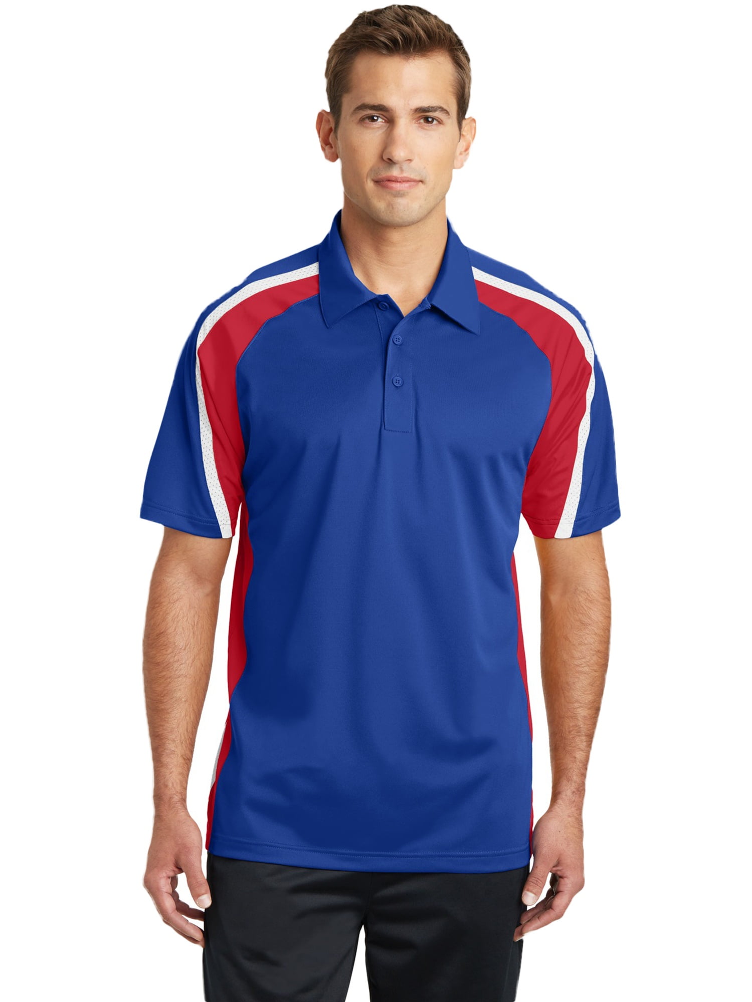 SportTek Mens Tricolor Wicking Polo Shirt, True Royal/True Red/White