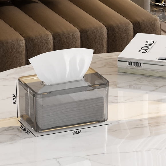 Zhuge Caja de pañuelos de acrílico transparente, tapas para cajas, dispensador de toallitas para secadora de mesa, para baño, cocina y coche, gris, 18 x 12 x 9,6 cm.