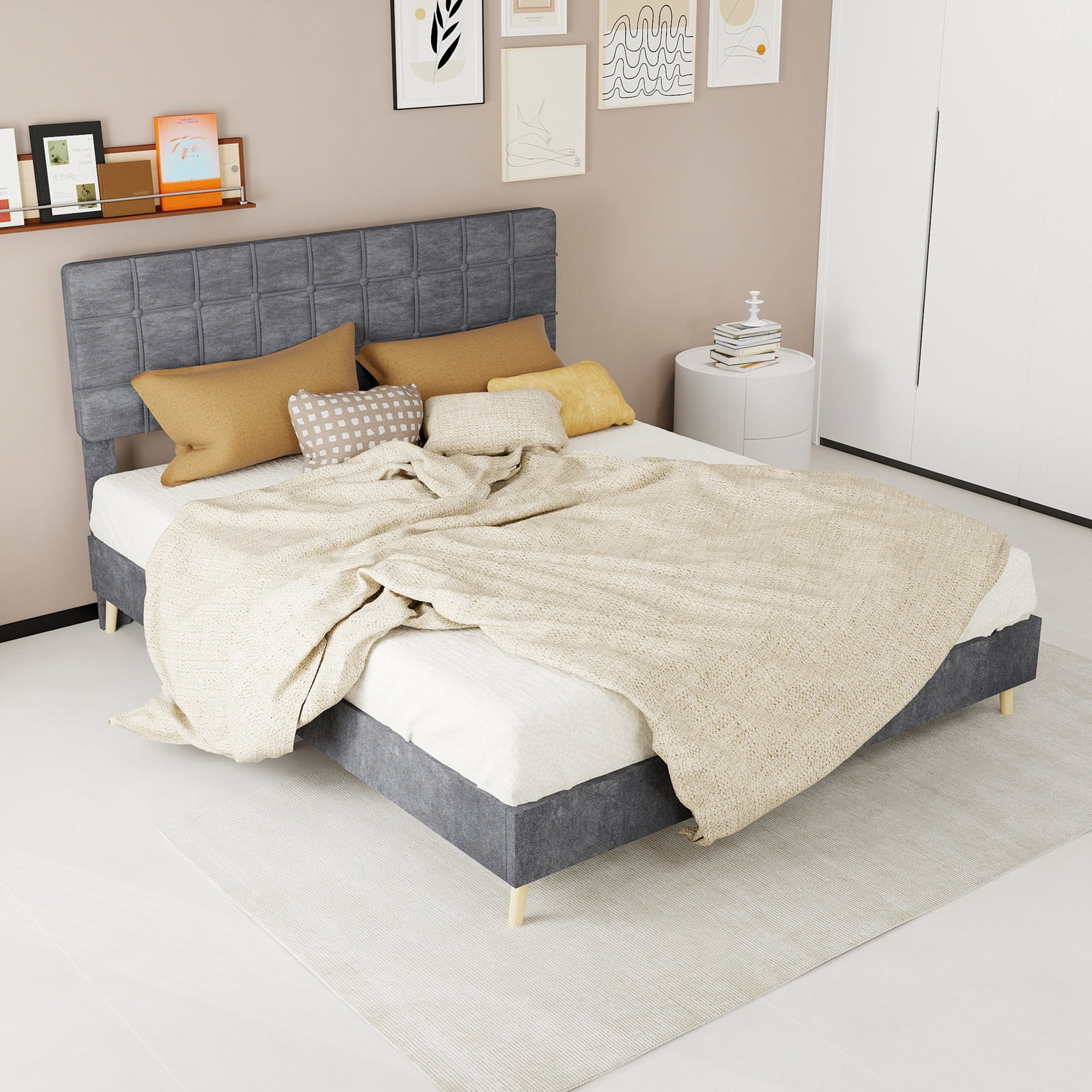 Leumius Queen Size Upholstered Platform Bed Frame with Tufted Headboard and Ergonomic Padding,Gray
