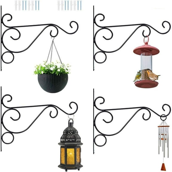 4 Pcs Hanging Plant Bracket,10 inch Metal Wall Planter Hanger Hooks for Hanging Plants Flower Baskets Wind Chimes Bird Feeders, Indoor Outdoor Rustic Home Decor（Black）