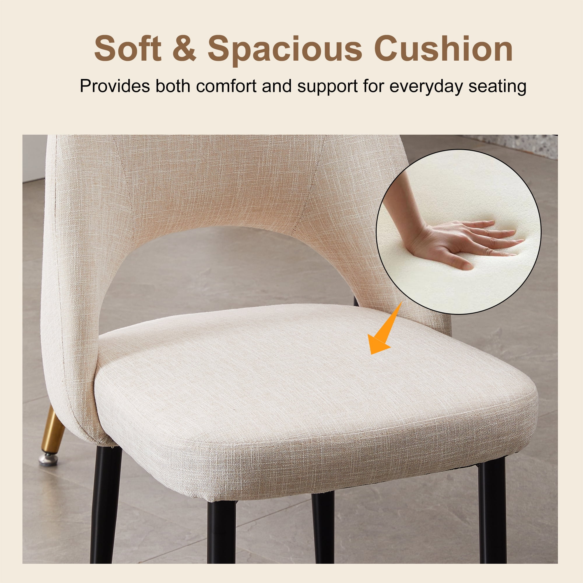 ENYLAY Modern Farmhouse Fabric Upholstered Dining Chairs Set of 6 with Metal Legs & Padded Seat , Beige