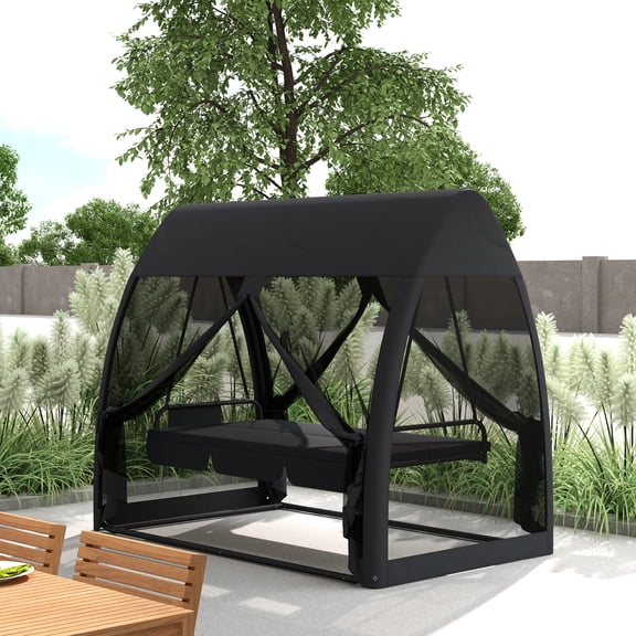 Outsunny 3-Seat Outdoor Swing Chair, Porch Swing Bed with Convertible Backrest, Cushion, Canopy, Side Pocket & Mesh Netting for Patio, Garden, Gray