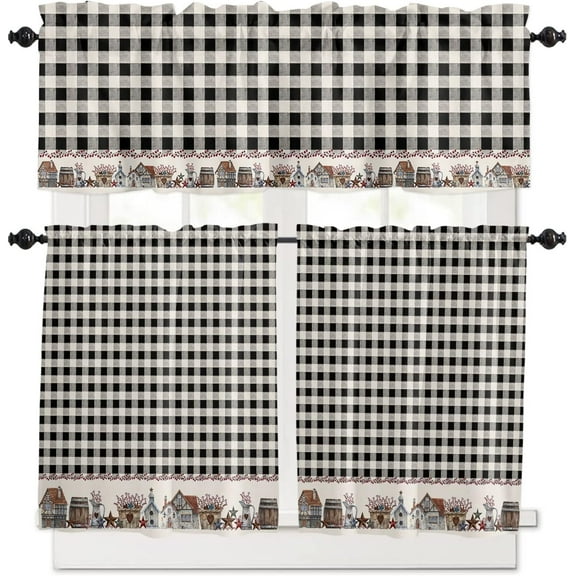 3 Piece Western Texas Country Star Berry Check Kitchen Curtains, Tier and Valance Rod Pocket Window Curtains Set Black White Plaid Cafe Curtains for Kitchen Window Treatment 54X18in 27x24in×2