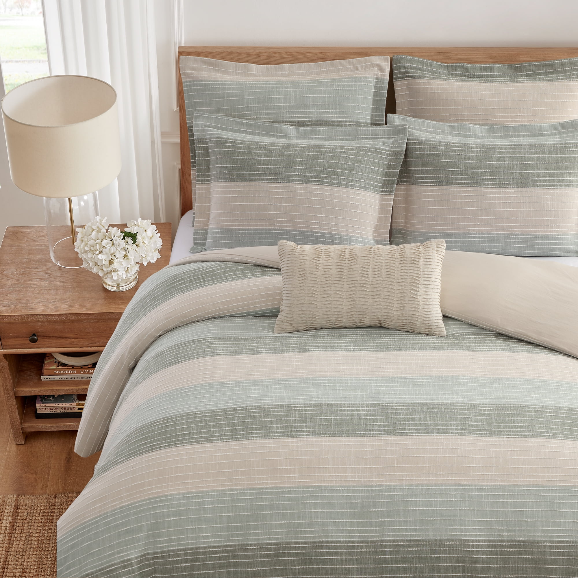 Levtex Home Sand Stripes Sage King Duvet Cover Set (106x94in) with 2 Pillowcases (36x20in) - Woven Jacquard Stripe - Sage, Green, Beige, White - Cotton King Size Duvet Cover Set - Soft, Pre-Washed