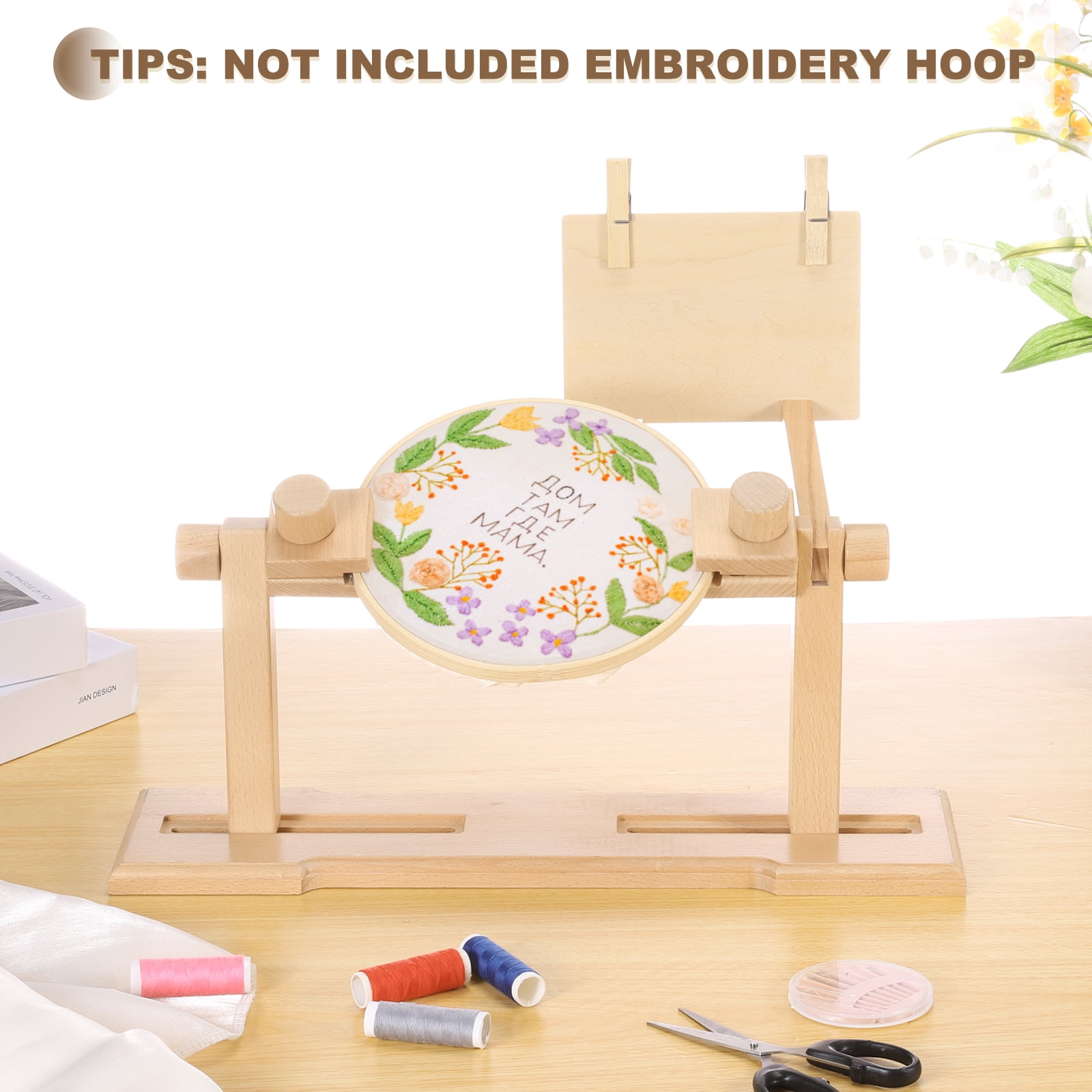 Uxcell Embroidery Hoop Stand, Adjustable Beech Wood Cross Stitch Holder 360 Degree Rotated for DIY Art Craft