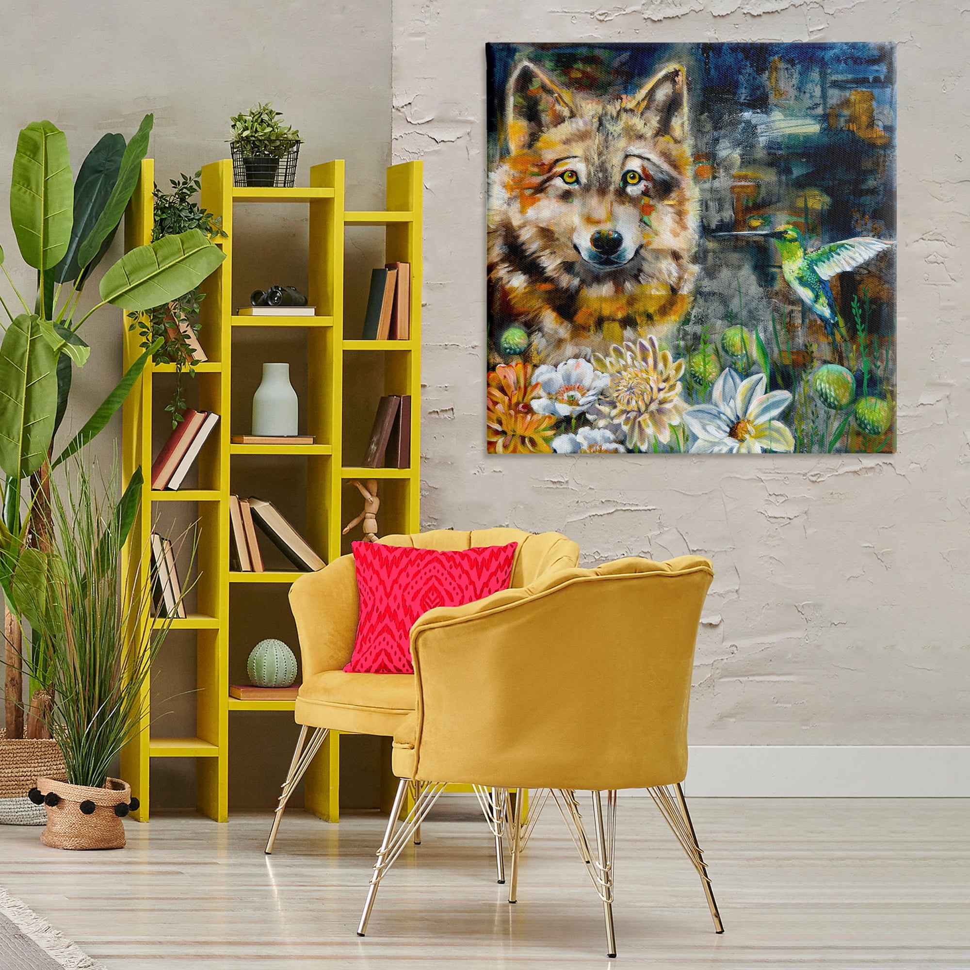 Stupell Industries Beautiful Wolf & Hummingbird Animals Painting Wrapped Canvas Art Print Wall Art, 36 x 36
