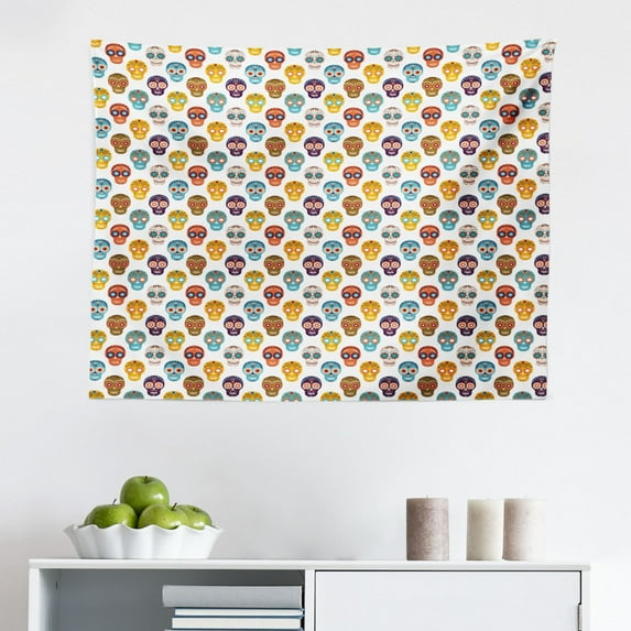 Sugar Skull Tapestry, Folkloric Penguin Illustration Dead Skeleton Animal with Colorful Floral Motifs, Fabric Wall Hanging Decor for Bedroom Living Room Dorm, 2 Sizes, Multicolor, by Ambesonne
