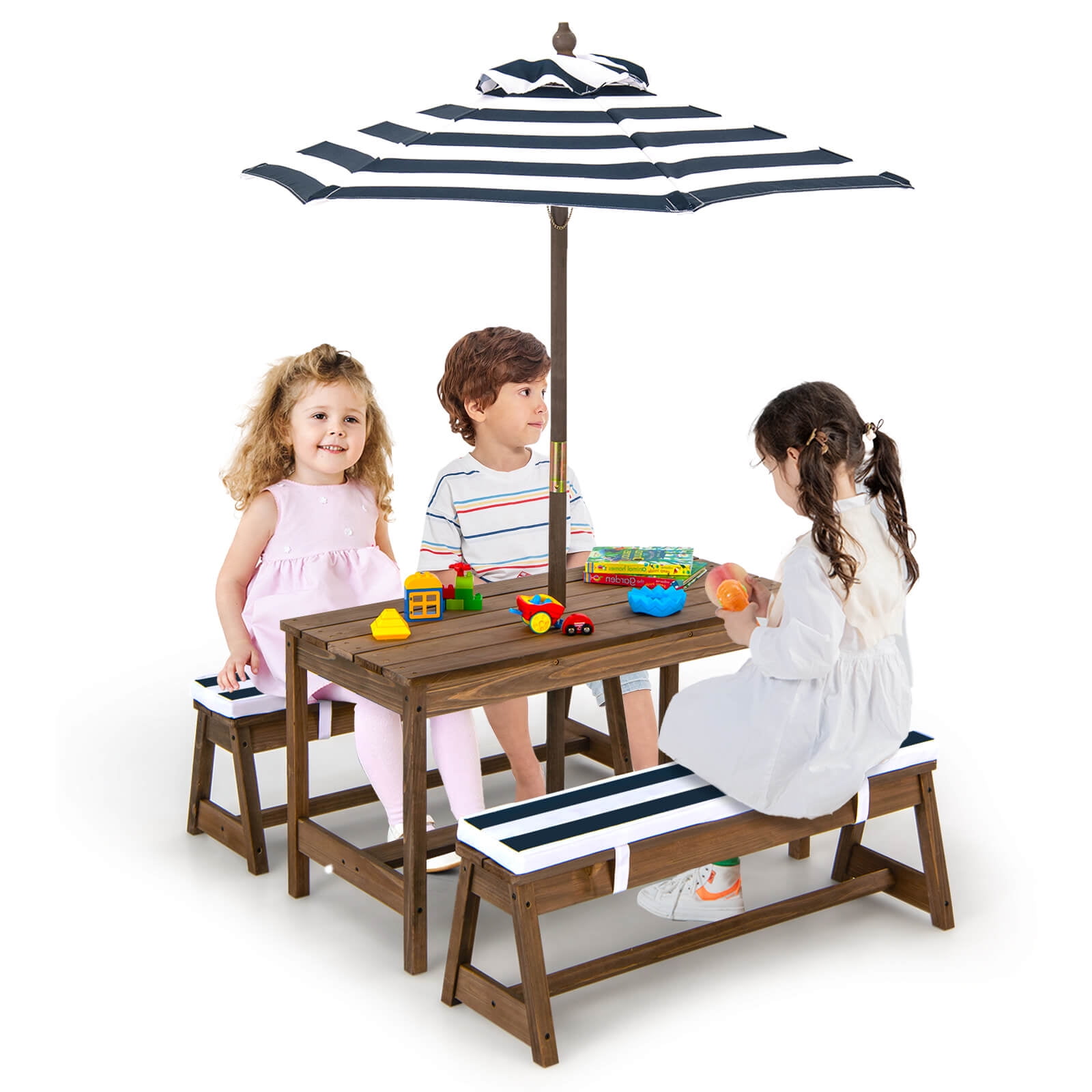 Coelon Kids Wood Table and Bench Set with Cushions and Umbrella Blue