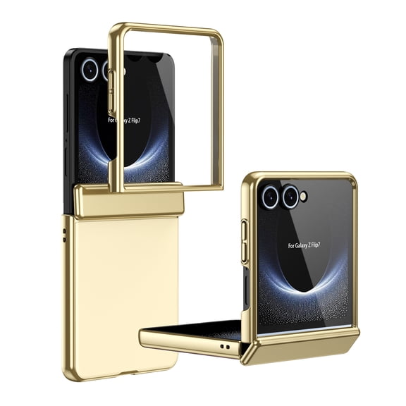 Compatible with Samsung Galaxy Z Flip 8 Case with Glass Front Film & Auto Rebound Hinge Protection, Frosted Electroplating Protective Cover Case Non-Fingerprint Cases for Z Flip 8 - Gold