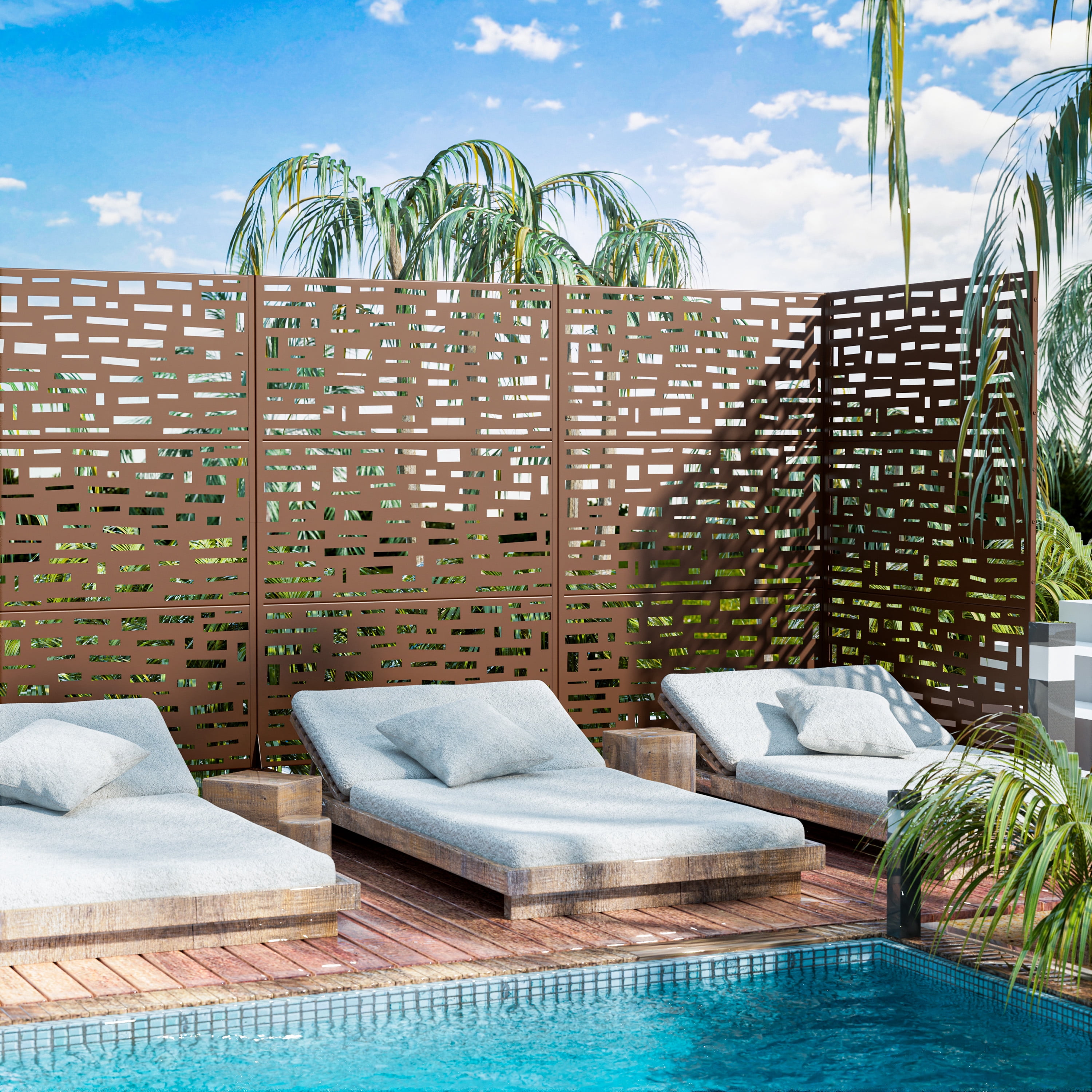 MAYEERTY 72×47" Outdoor Brown Metal Privacy Panel Screen for Backyard & Garden, Wide Street Pattern