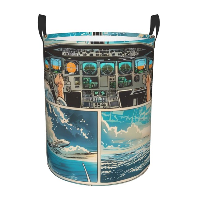 Fotbe Comic Airplane Cockpit Illustration Cesto de Ropa con Asas, Cesto Impermeable de Gran Capacidad, Bolsa de Lavado para Dormitorio, Cesto de Ropa con Ruedas y Asas-Small