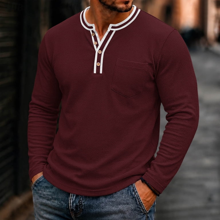 Waffle Knit Partial Button Henley Top for Men, Notch Neck Long Sleeve ...