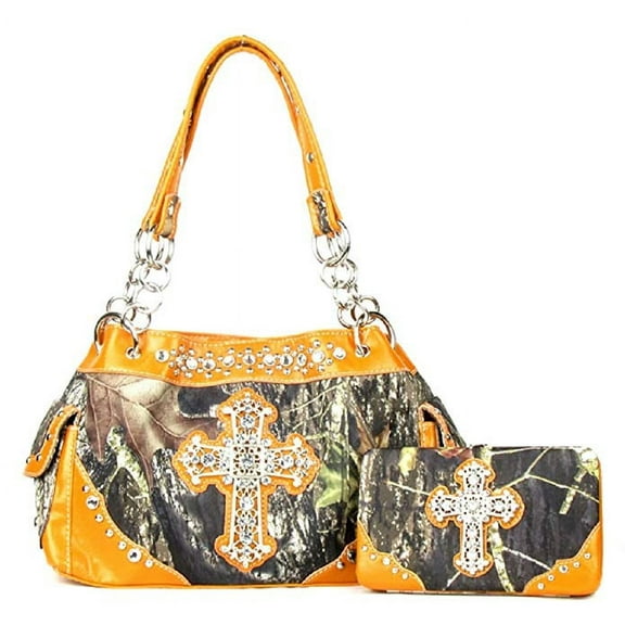 Western Handbag Camouflage Cross Camo Rhinestone Purse With Matching Wallet