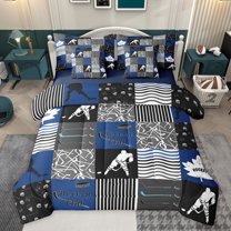 Homewish Cartoon Ice Hockey Twin Bedding Sets 7-Piece for Teens, American Sports Player Bedding Comforter Set, Navy Buffalo Plaid Reversible Sheet Sets, Super Cozy Room Decor