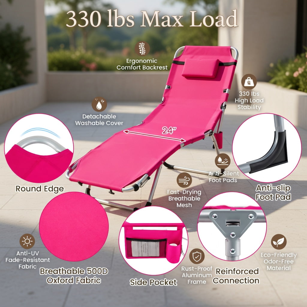 Hommoo Portable Folding Tanning Chair with Face Hole & Adjustable Backrest, Lightweight Sunbathing Lounger for Beach, Pool, and Backyard, Pink