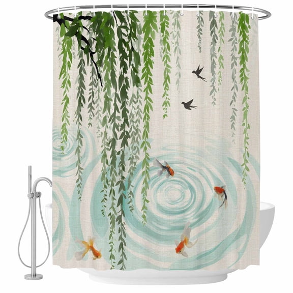 Spring Green Leaves Shower Curtain, Waterproof Shower Curtains for Bathroom, Japanese Koi Fish Birds Vintage Washable Fabric Bathtub Curtain Set Bath Decor with 12 Hooks Extra Long 72"x96"
