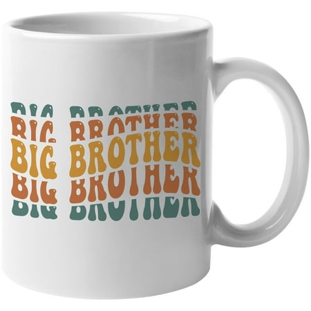 

Big Brother Elder Brother or Older Sibling Themed Groovy Retro Wavy Text Merch Gift White 11oz Ceramic Mug
